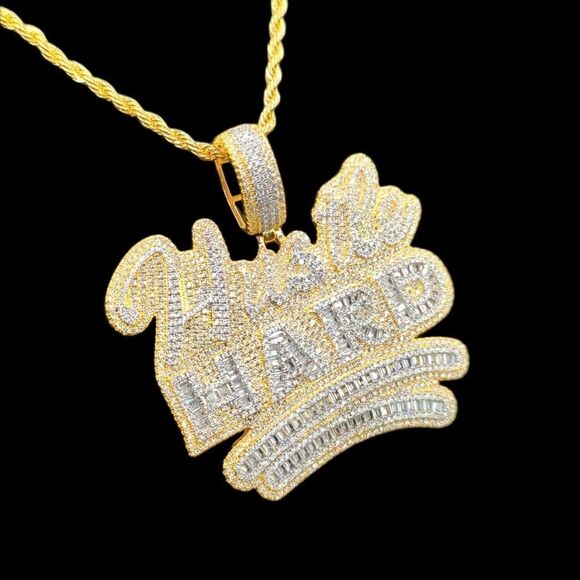 14K Yellow Gold Finish Hustle Hard  - Free 24inch x 3mm Rope Chain. - Picture 2 of 8